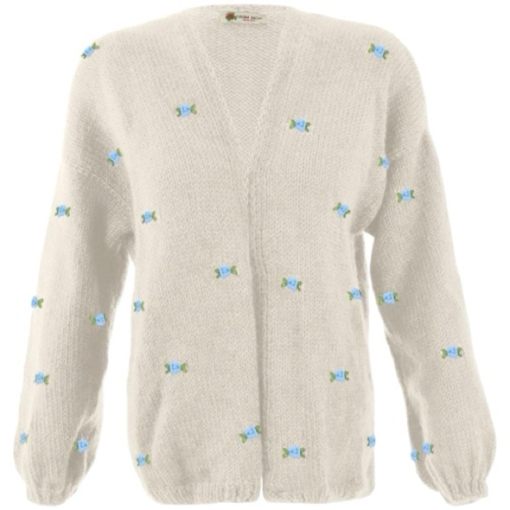 Fanm Mon Hand-Knit Wool Blue Rose Embroidered Open Cardigan (NWT) – Size XL